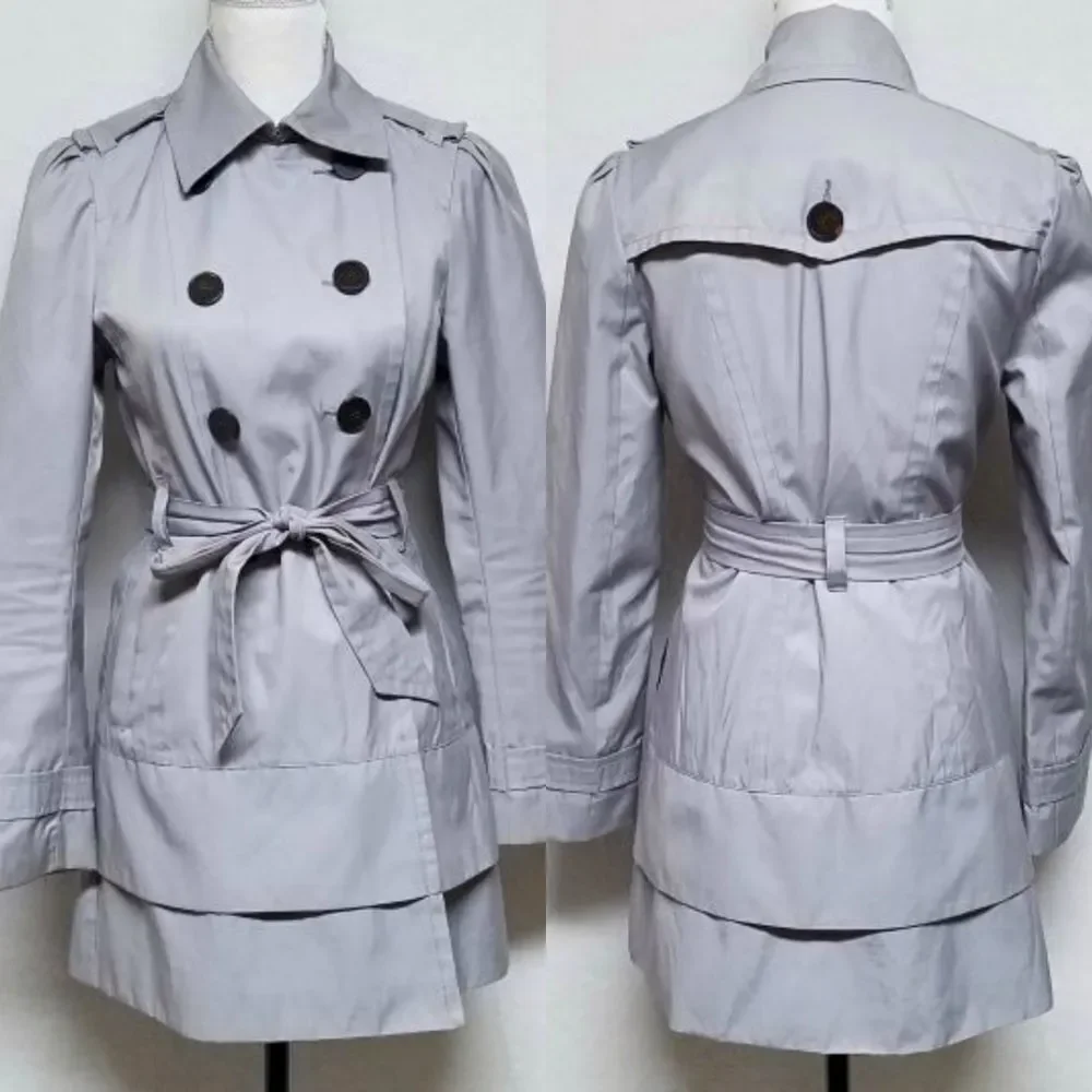 BLACK Rivet Dove Gray Belted Layered  Puff Shoulder Trench Coat Over Coat Small